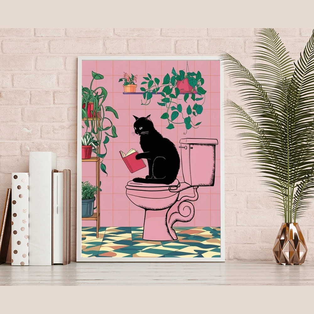 Funny Black Cat on the Toilet Art Print Pink Bathroom Posters Cat Reading a News Paper Tropical Plants Pictures Home Decoration