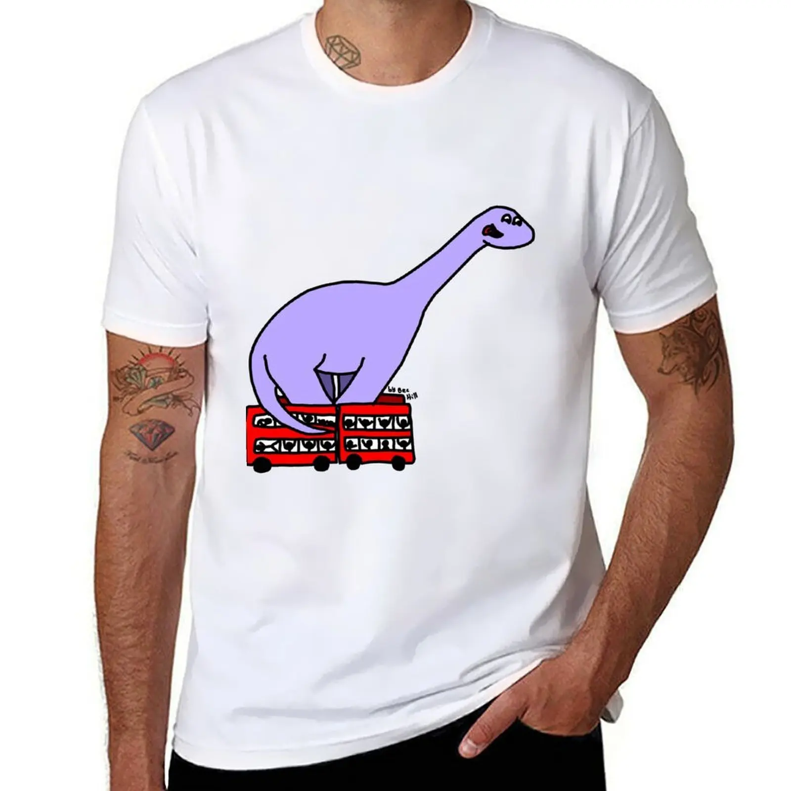 

Dinosaur on 4 Double Decker Buses T-Shirt man t shirts cotton man t shirts for men casual T-Shirt