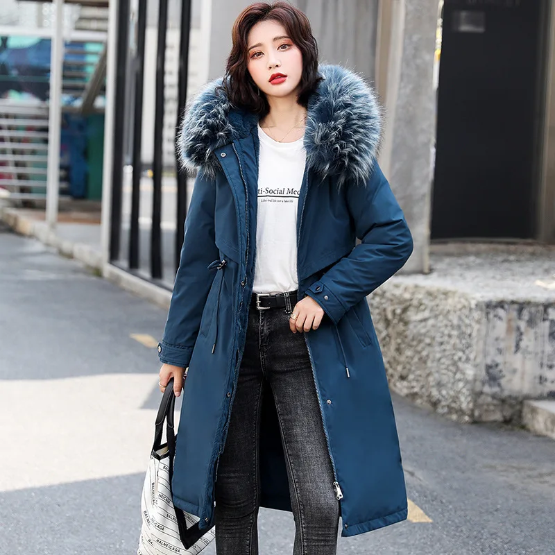 X-Long Cotton Coat 2024 Winter New Cotton Padded Jacket Women's Big Fur Collar Warm Thicken Parkas Coat Plus Velet Winter Jacket