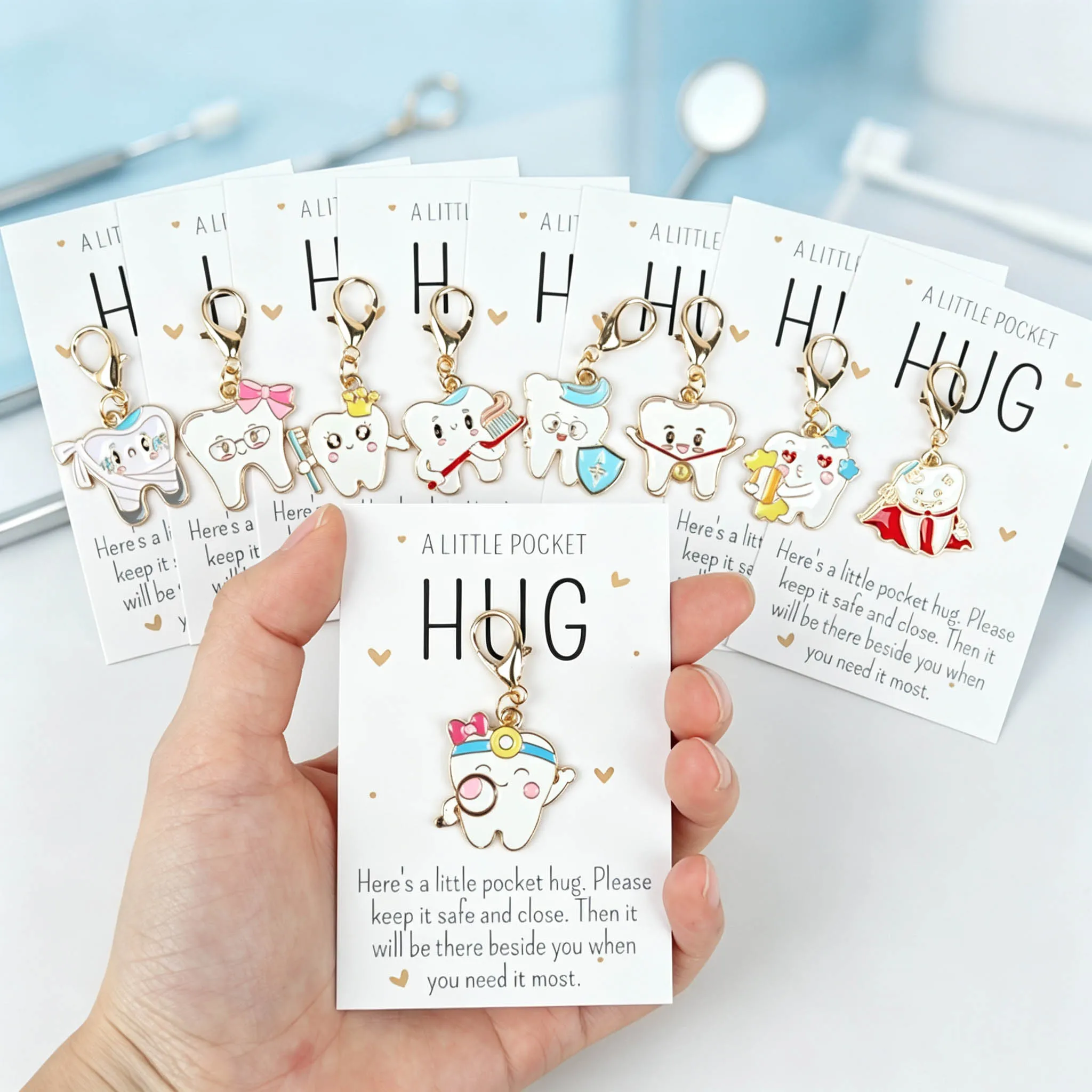 9 Cartoon Tooth Keychains, with Accompanying Encouraging Greeting Cards, Healthy Teeth Reminder Charms, Very Suitable as Reminder Gifts for Teenagers