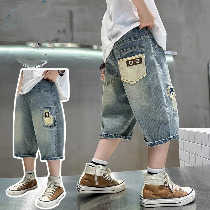 Teens Boy Summe Ripped Denim Shorts for Kids High Fashion Jeans Capris with Hole Children Stylish Mid Calf Pants 5 7 9 11 13 14Y