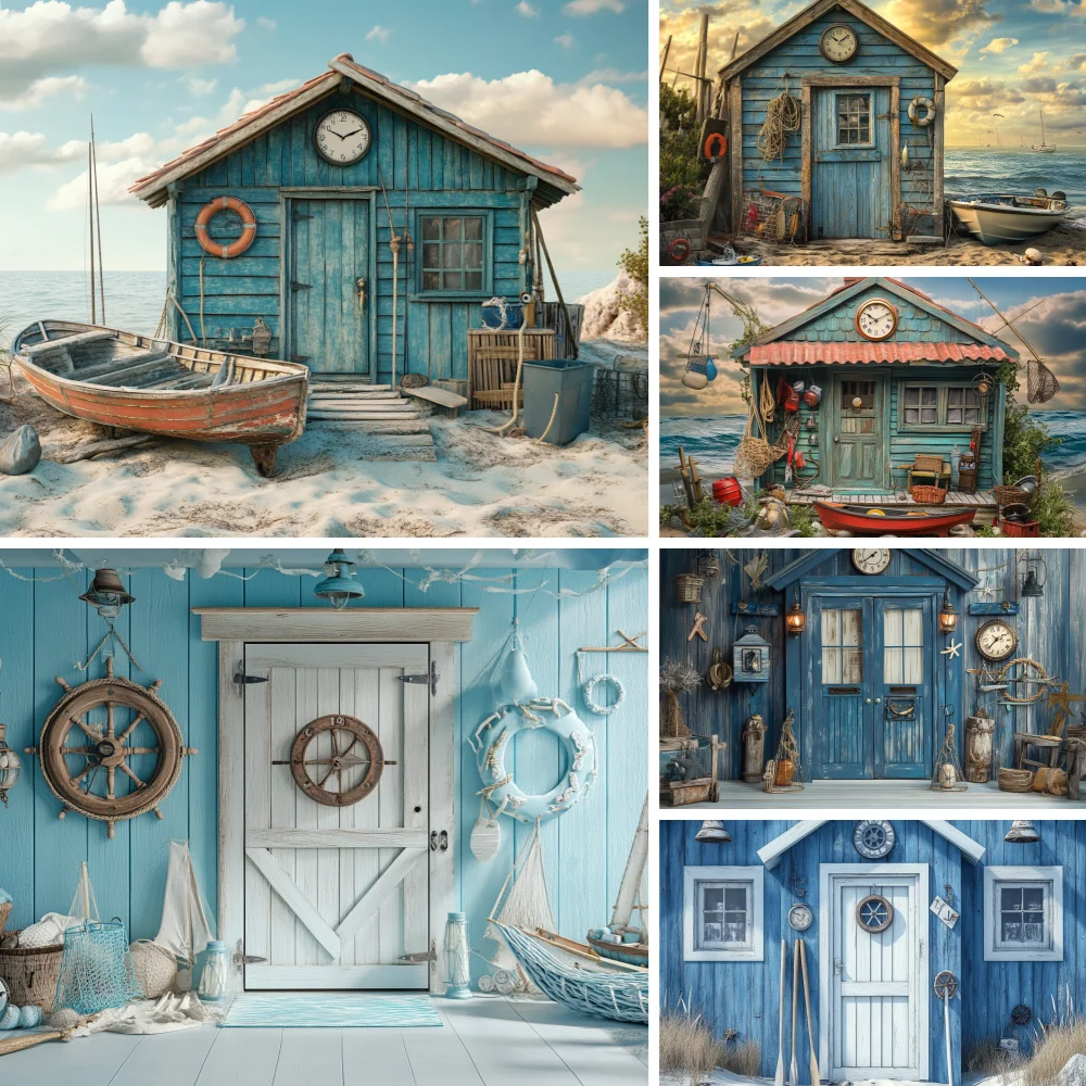 

Beach Shack Photography Backdrop Summer Seaside Family Holiday Party Blue Sky White Clouds Decor Photo Background Prop