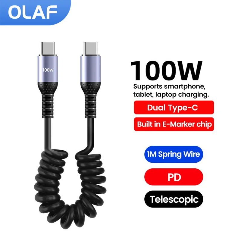 Cavo a molla corta da 1M cavo dati telescopico PD 100W di tipo C a ricarica rapida per iphone 15 Huawei Xiaomi Samsung Tablet Laptop