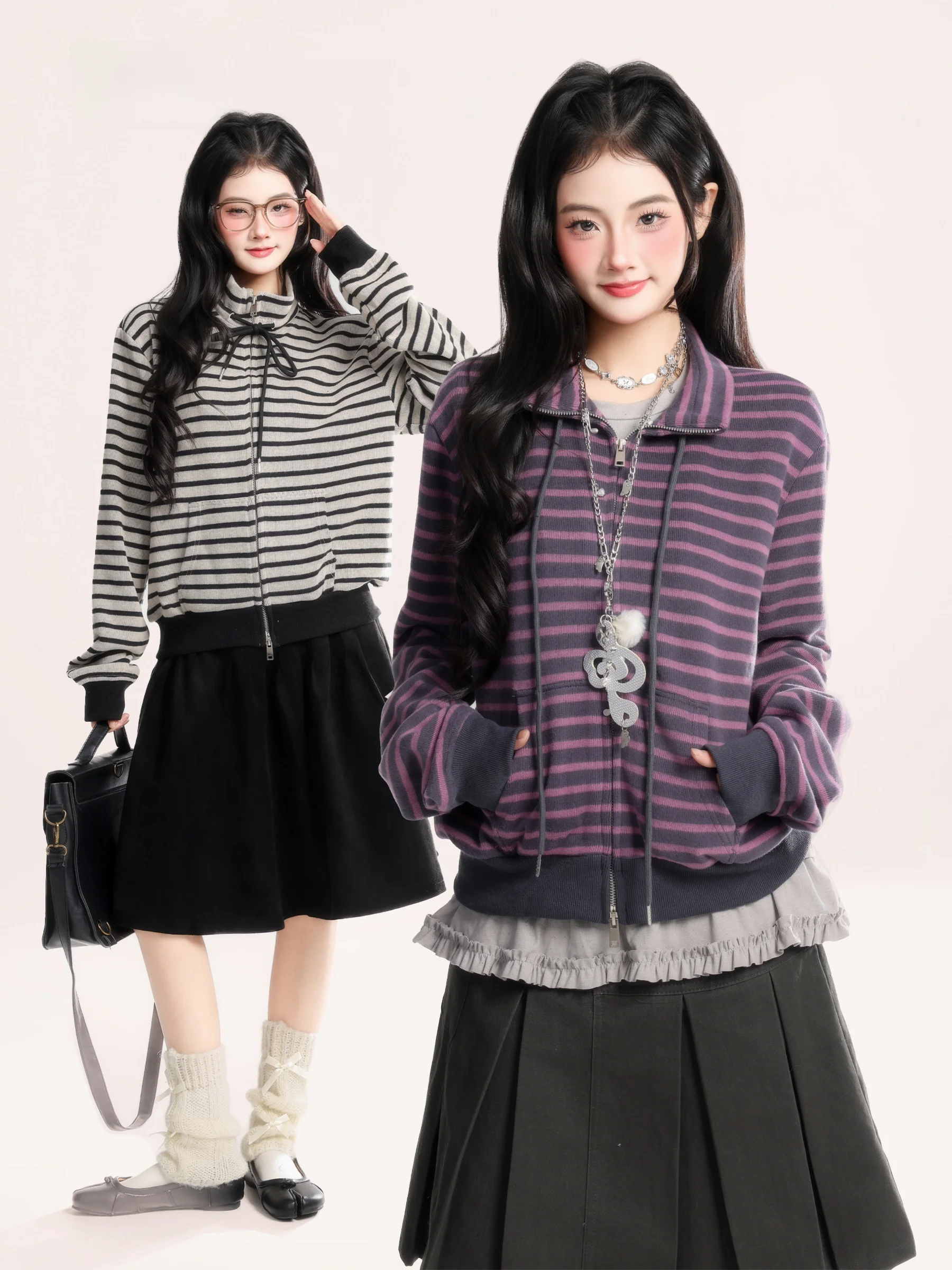 

Slim Fit Zipper Hoodie Women's Korean Sle Purple Striped Stand Collar Spring New Arrival Casual Comfortable Outerwear