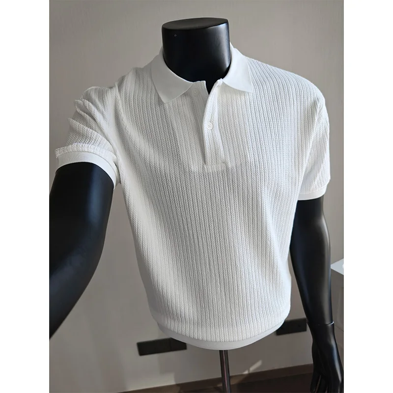 Summer Ice Silk Knitted Short Sleeved Polo Shirt Men Fashion Solid Color Lapel Casual T-shirts Elastic Business Social POLO TEE