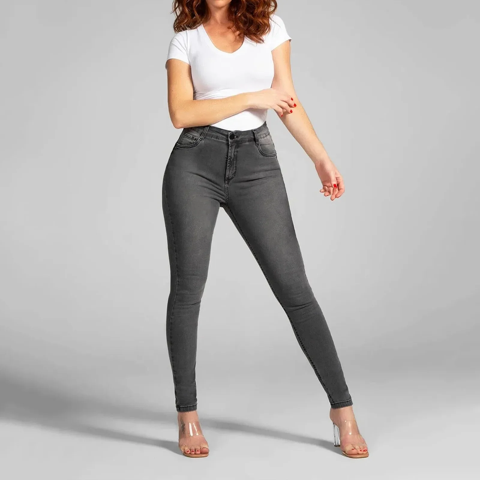 

Women'S Skinny Stretch Grey Jeans Casual Mid Waist Pants Trousers Pockets Classic Denim Jeans Elastici Slim Pants Streetwear