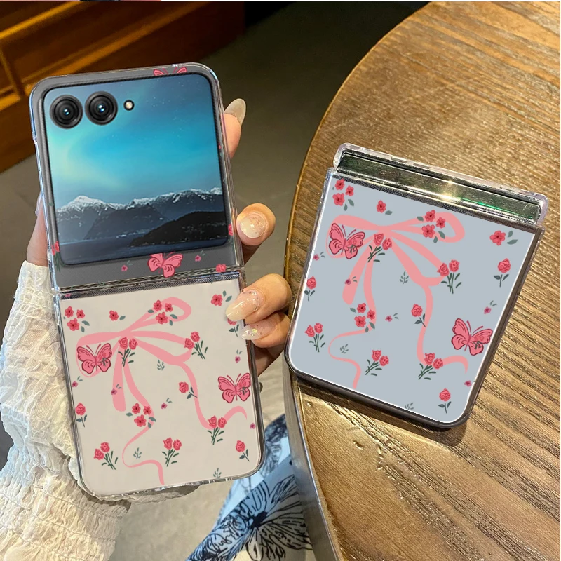 Hard PC Folding Case For Motorola Razr 50 40 Ultra Razr 40 Ultra 50 40 Bow Tie Roses Flowers Transparent Shockproof Phone Cover