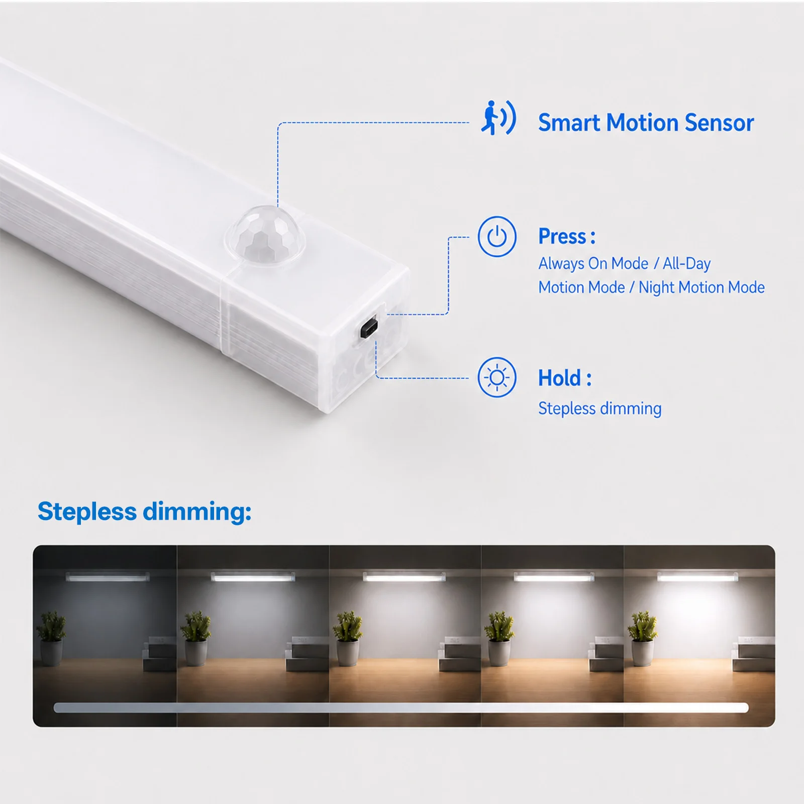 Bild 6: PZSUNLY 6er-Pack Magnetische LED-Nachtlichter mit Bewegungssensor, Dimmbar, Typ-C Wiederaufladbar, 10/20/30cm, für Treppen, Küche, Kleiderschrank, Schlafzimmer