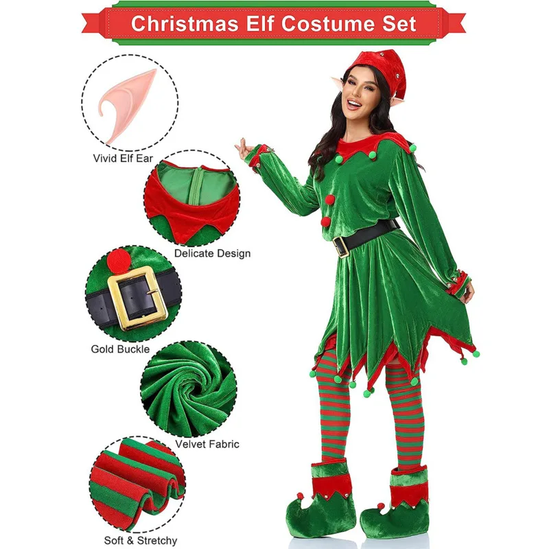 Costume da elfo di Natale Abito in velluto da donna Abiti da elfo verde Abiti cosplay per bambini adulti Cappello da cintura Abito da elfo Capodanno Abiti da festa di Natale
