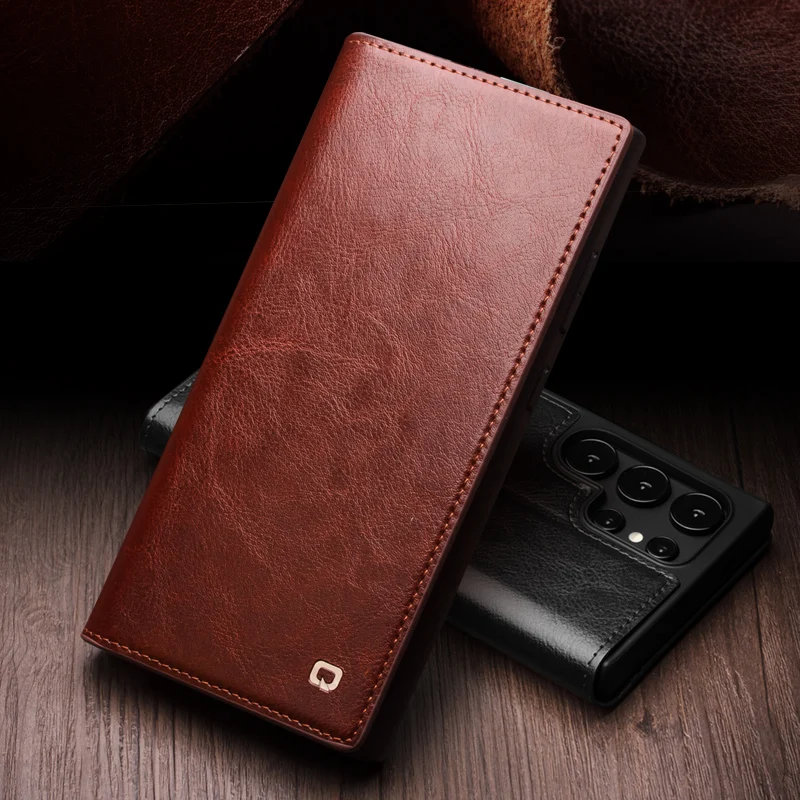 QIALINO Premium Genuine Leather Case for Samsung Galaxy S24 Ultra S24+ S24 Plus Natural Cowhide Wallet Cover