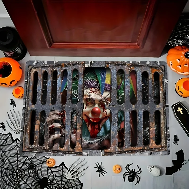 Weird Halloween doormat - Terrifying clown designed for haunted house entrance drainage ditch, perfect for scaring guests