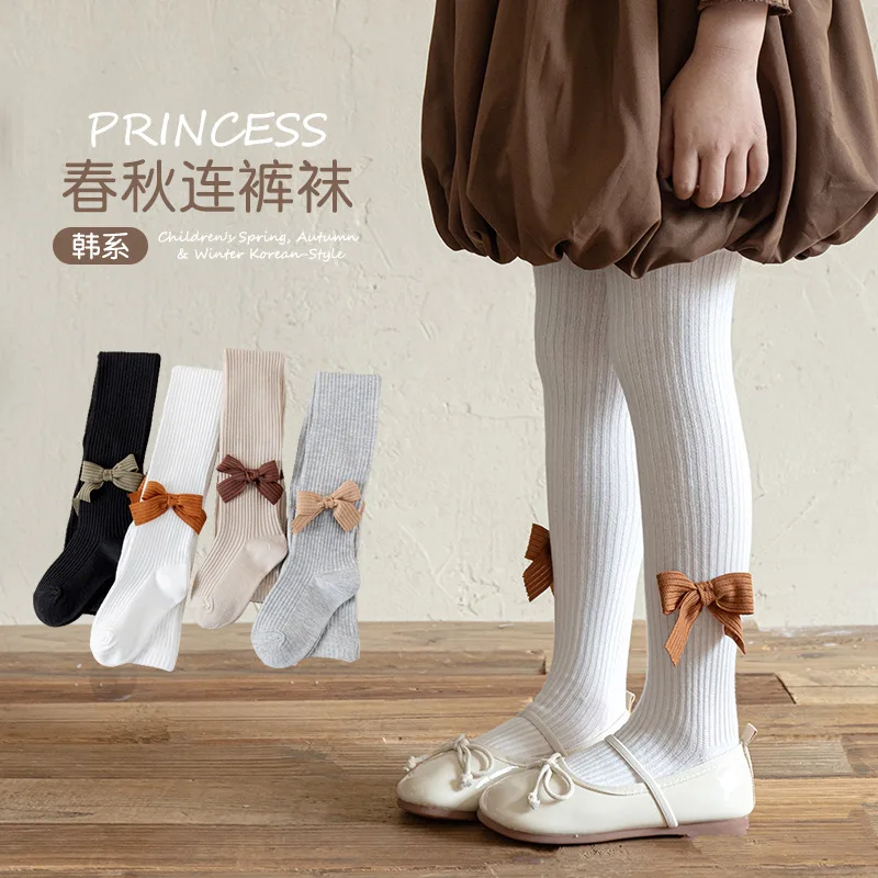 Cute Little Girls Korean Style Tights Elegant Striped Pattern Bow Accent Lightweight Breathable Comfort Elastic Daily Pantyhose