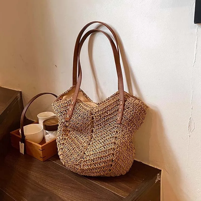 Casual Straw Tote Bag Women 2024 New Tide Large Capacity Beach Travel Handbag Woven Designer Fashion Shoulder Bags Purses Lady