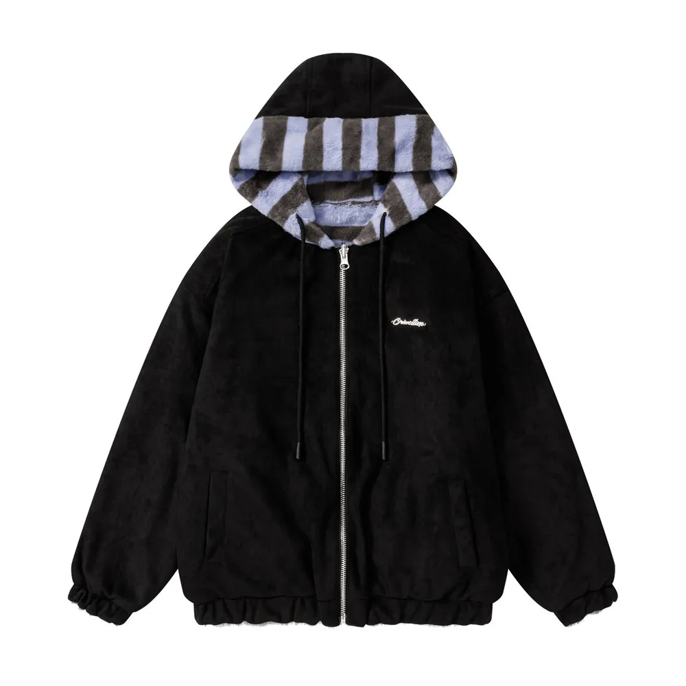 Men's Reversible Hooded Cotton-Padded Jacket European American Style Autumn Winter Fleece Lined Striped Cotton Padded Coat