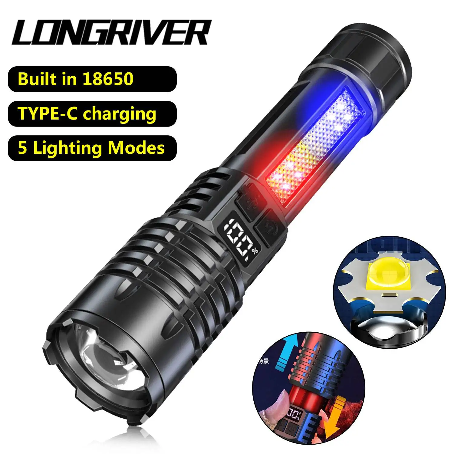 

LONGRIVER High Strong Power LED Flashlight AJ-004 Tactical Torch Light with Battery Camping Emergency Zoomble Lantern Lamp