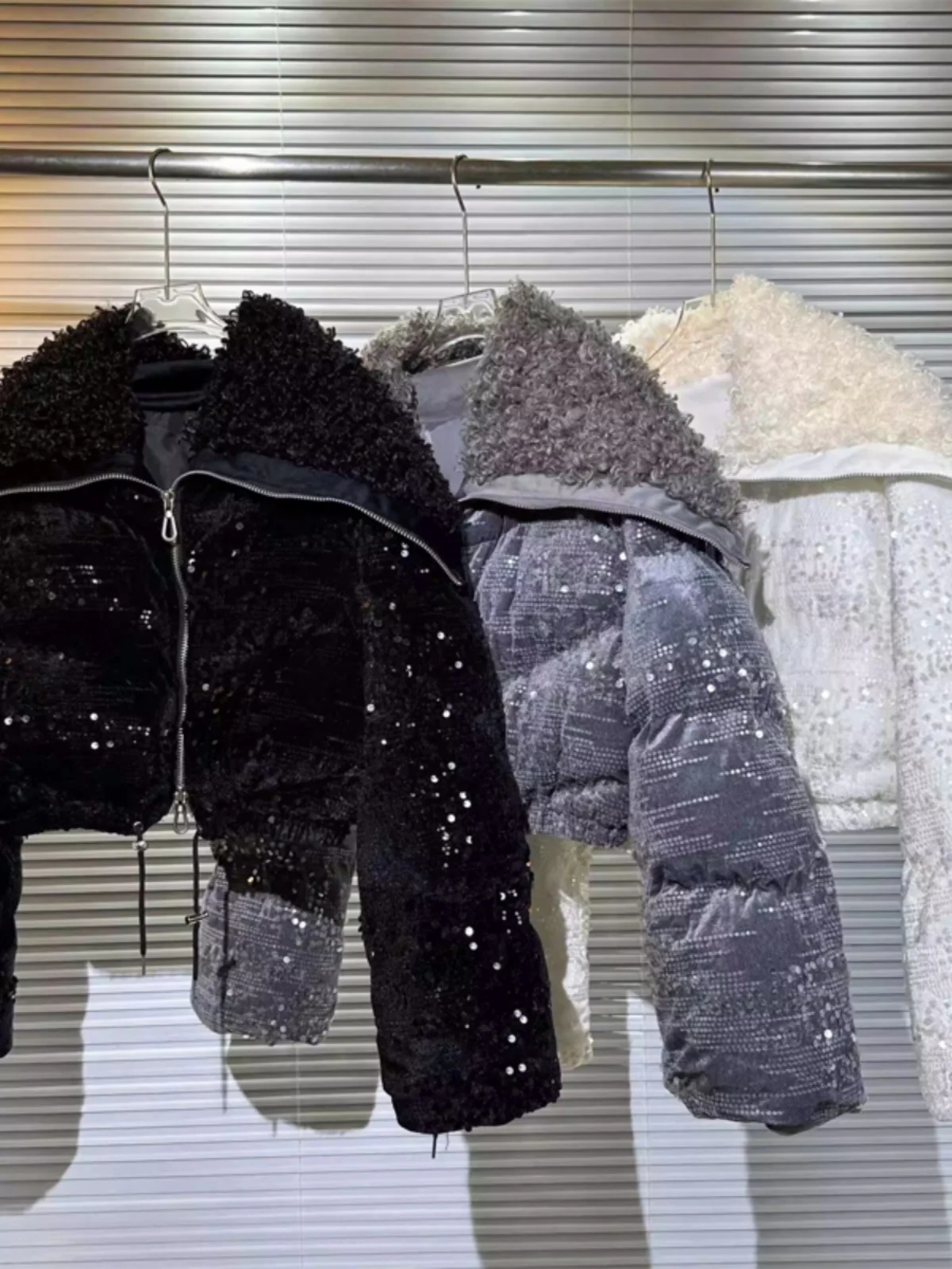 

ort Plu Lined Cotton Jaet Navy Collar iny Sequins Velvet Women's Outerwear Original Design Loose Fit Zipper Closure