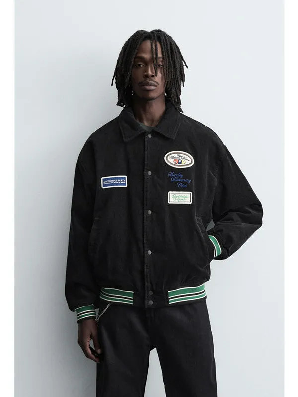 

Casual Loose Fit Men's Cotton Velvet Jaet Embroidered Patch Warm Lined Coat Youth Faion Autumn Winter New Arrival