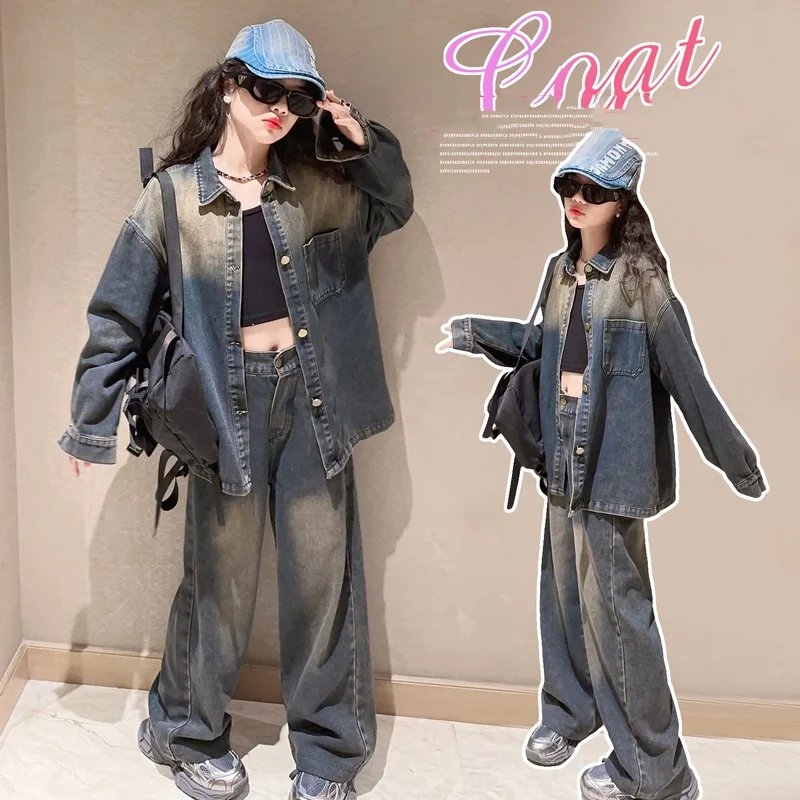 

Girls Clothes Sets Size 4-14Y Kid Denim Coat Top+Pants Bottom Suit Child 2 Piece Of Clothing Sets Toddle Girl Vitange Denim Sets
