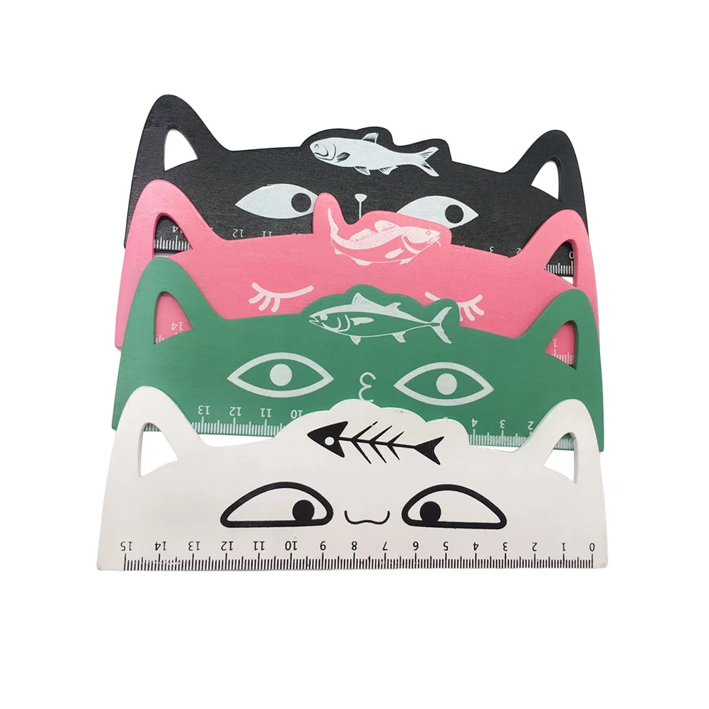 4Pcs Wooden Cat Shape Rulers Fish Pattern 15cm Clear Scale Measuring Tool for Kids School Office Supplies Cartoon Rulers