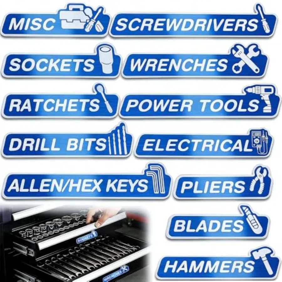 

12 Pack Metal Magnetic Tool Box Labels, HD Laser Printing Tool Box Labels with Strong Magnets, Reusable Magnetic Labels for Ste