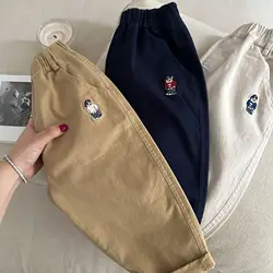2025 Spring Girls Boys Casual Embroidery Bear Cotton Pants Kids Children Soft Trousers Three Colors