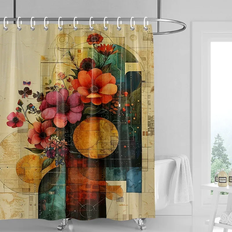 

Vintage Floral Shower Curtain-Bold Red and Orange Flowers, Butterfly Background, Waterproof Bath Decoration