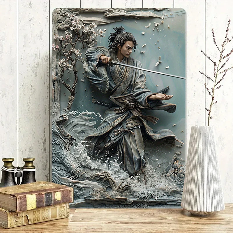 1Pc Vintage Japanese Warrior Ninja Metal Wall Painting Art Plaque Sign 2D Plane Sign for Bar Home, Garden Man Cave Bedroom Decor