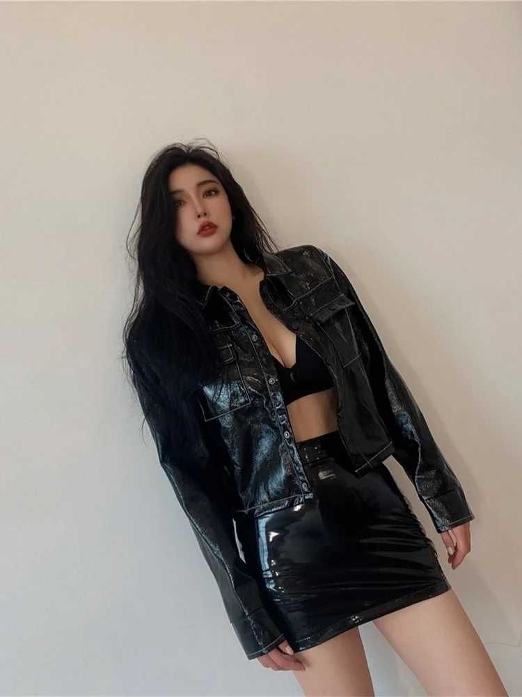 2023 Autumn Sweet Winter Black Sexy Tight High Waist Leather Mini Skirt Reflective PU Hot Sexy Korean Women Sweet 9SVK