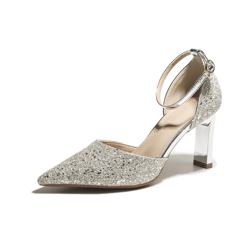 

LKY Diamond Embellied Высокие каблуки Bride oes Женские сандалии с острым носком на массивном каблуке Сверкающие горничные сандалии Faionable