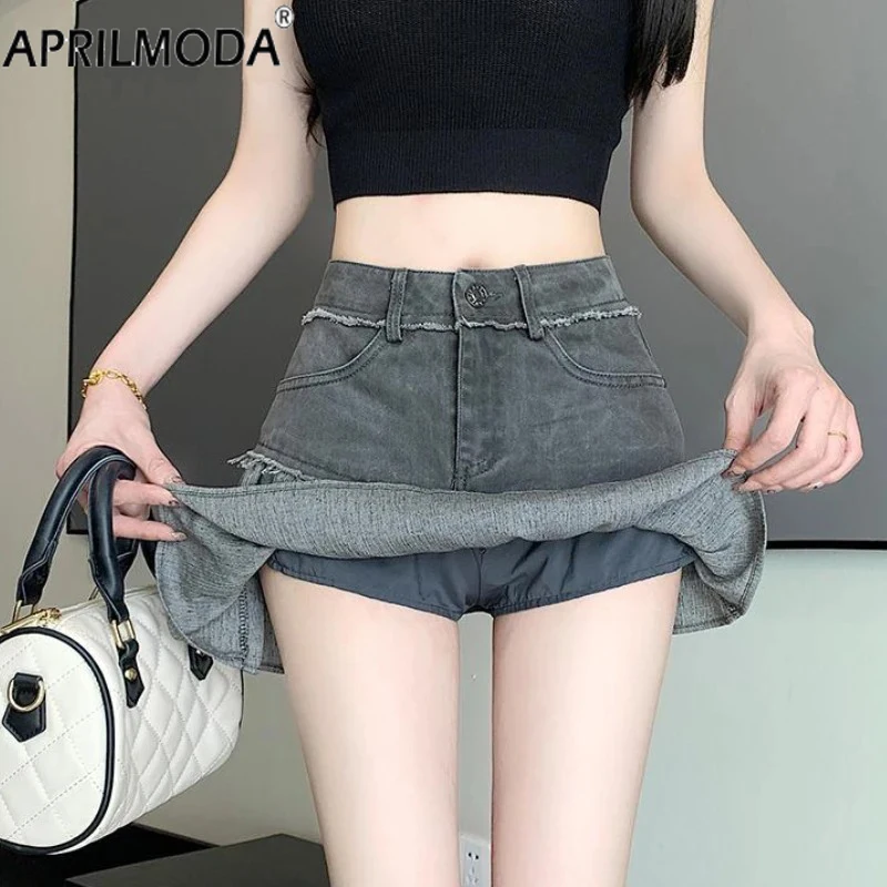 Rok pendek perca pinggang tinggi wanita celana pendek imut Korea Distressed 2024 hitam Ruffle Vintage Denim rok lipit Mini musim panas