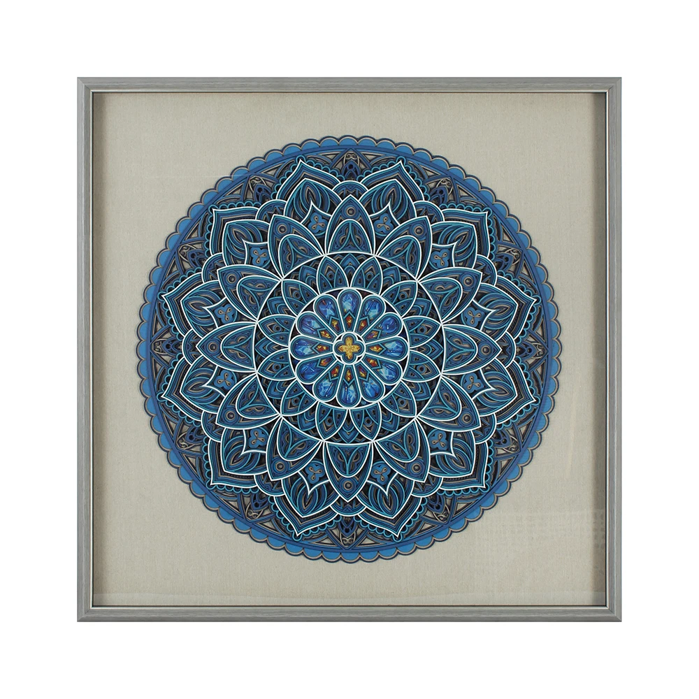 ih-Hand Carved Deep Embossed 3D Multi-layer Blue Mandala Framed Wall Art Textured Decor Painting for Indoor Home Interior Decor-