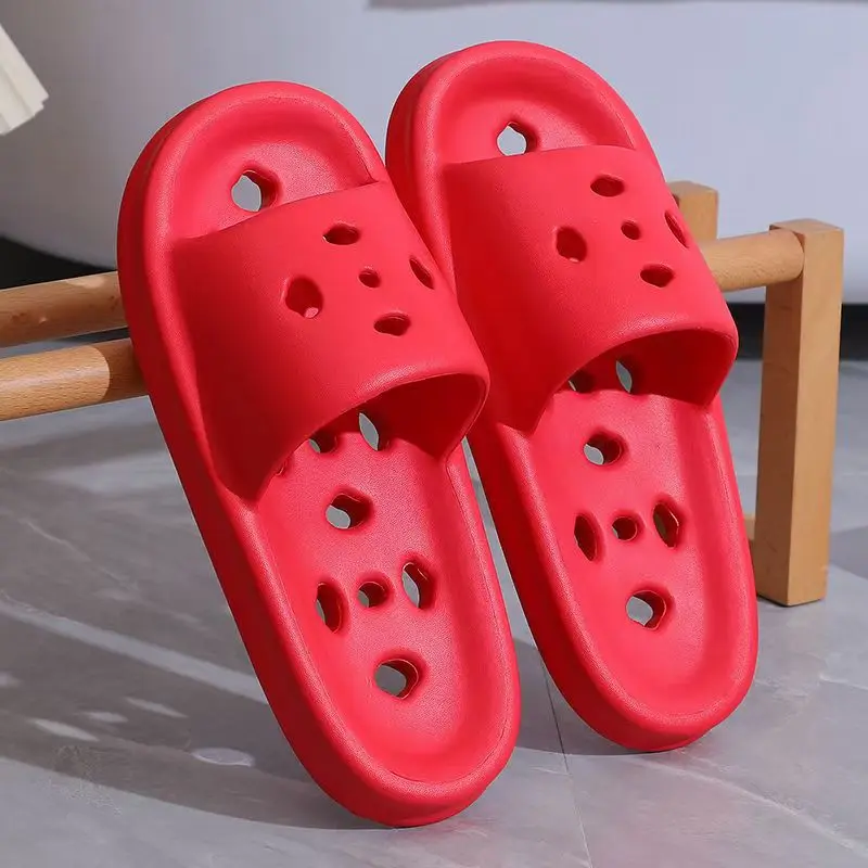 Man's Summer New One Word Hollow Quick-Drying Slippers Unisex Soft Sole No Slip Anti Odor Red Home Slippers Bathroom Slippers