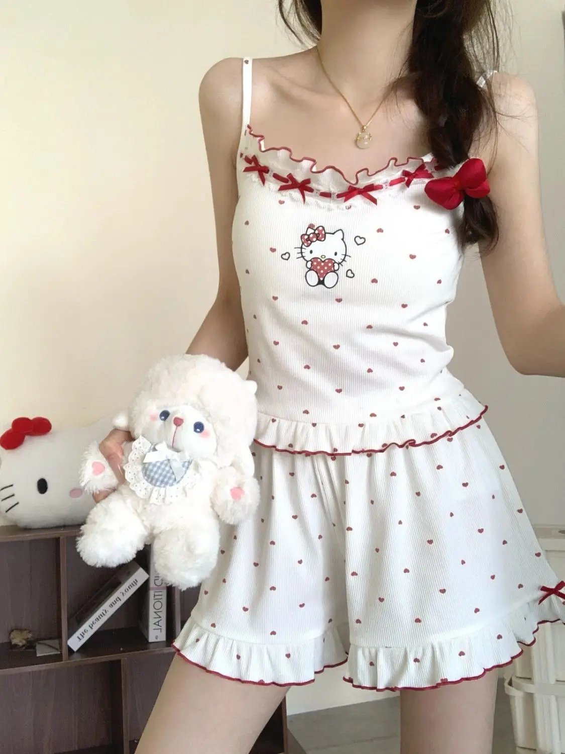

Hello Kitty Women's Summer Cute Cartoon Camisole Shorts Pajama Set with Built-in Bra Sweet Sexy Outdoor-Ready Loungewear