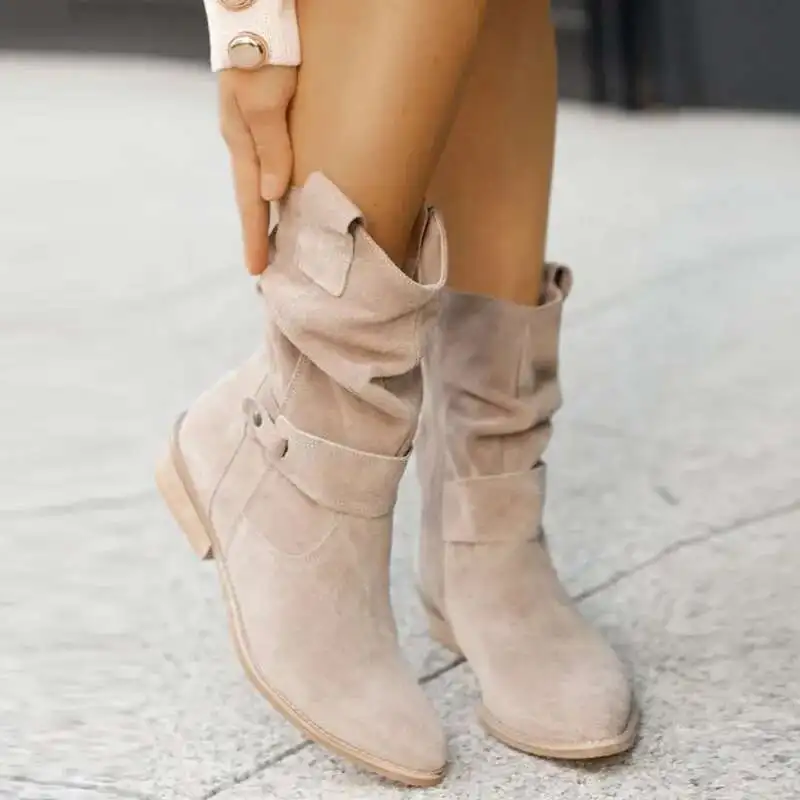 Bottes de cowboy occidentales pour femmes, bottes de rinçage, talons bas, bottes en daim, construction en métal, fermeture éclair latérale,