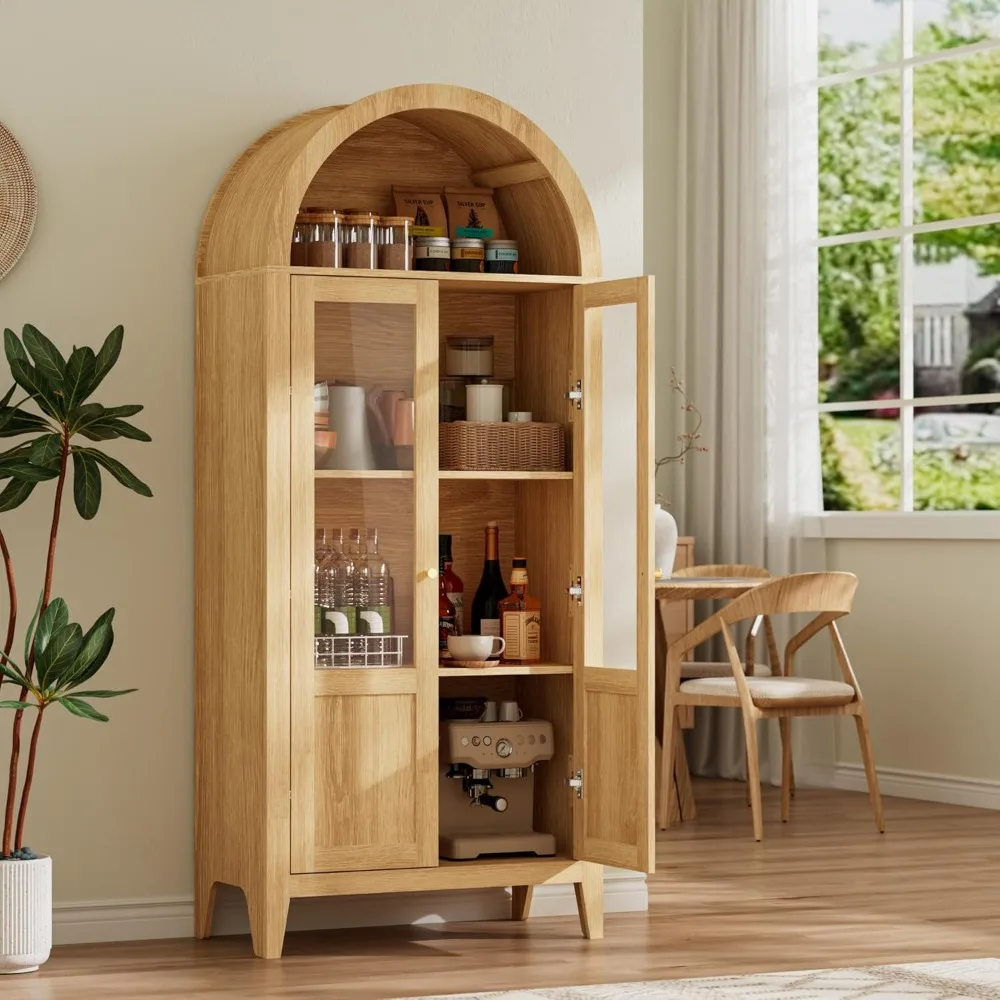 خزانة مخزن المطبخ، أبواب زجاجية، أرفف تخزين خشبية مقوسة، رف كتب طويل القامة لتنظيم المطبخ #3