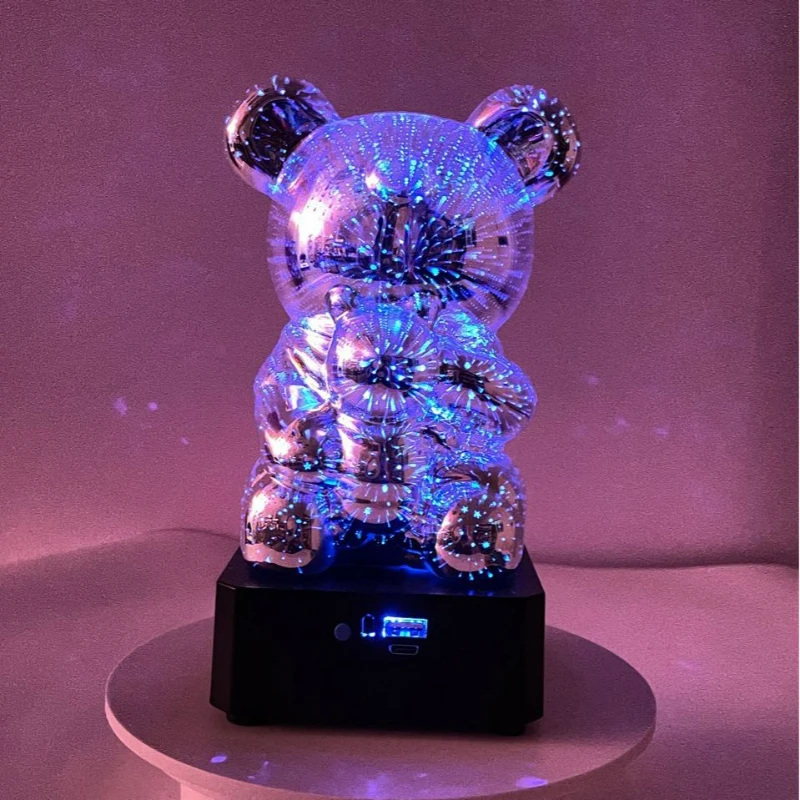 2023 New 3D Fireworks Holding Bear Colorful Wireless Bluetooth Speaker Light Illusionary Music Atmosphere Creative Night Light