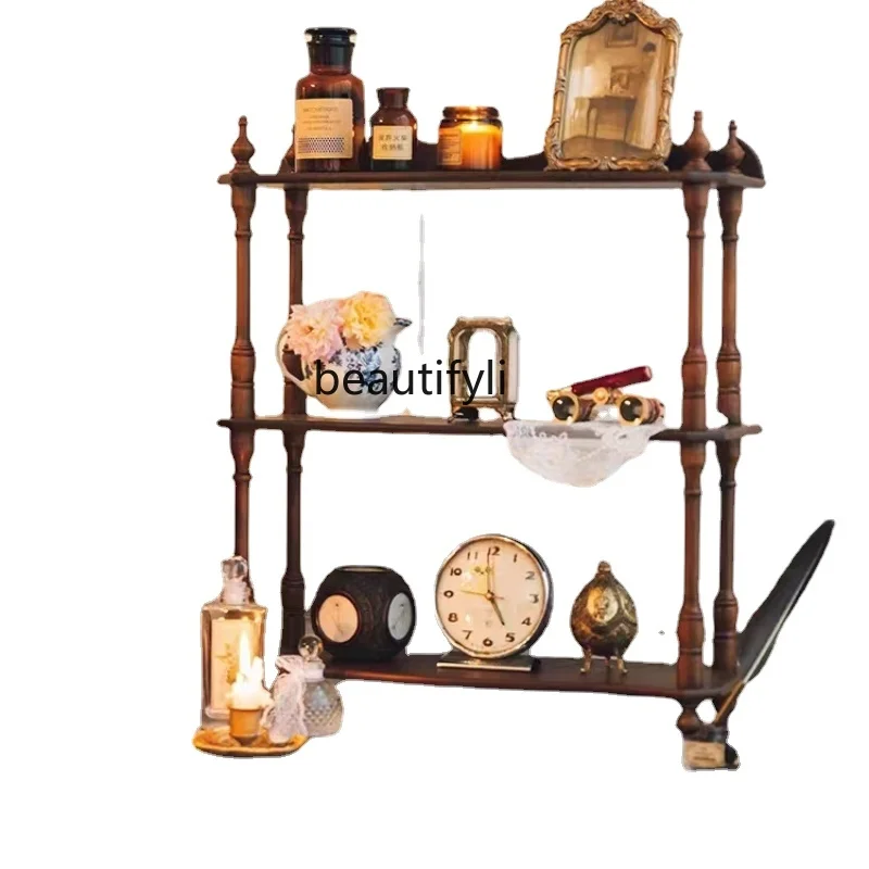 French Style Antique Storage Rack Living Room Retro Solid Wood Small Apartment Display Wall-Mounted Storage Bookshelf Cup Holder