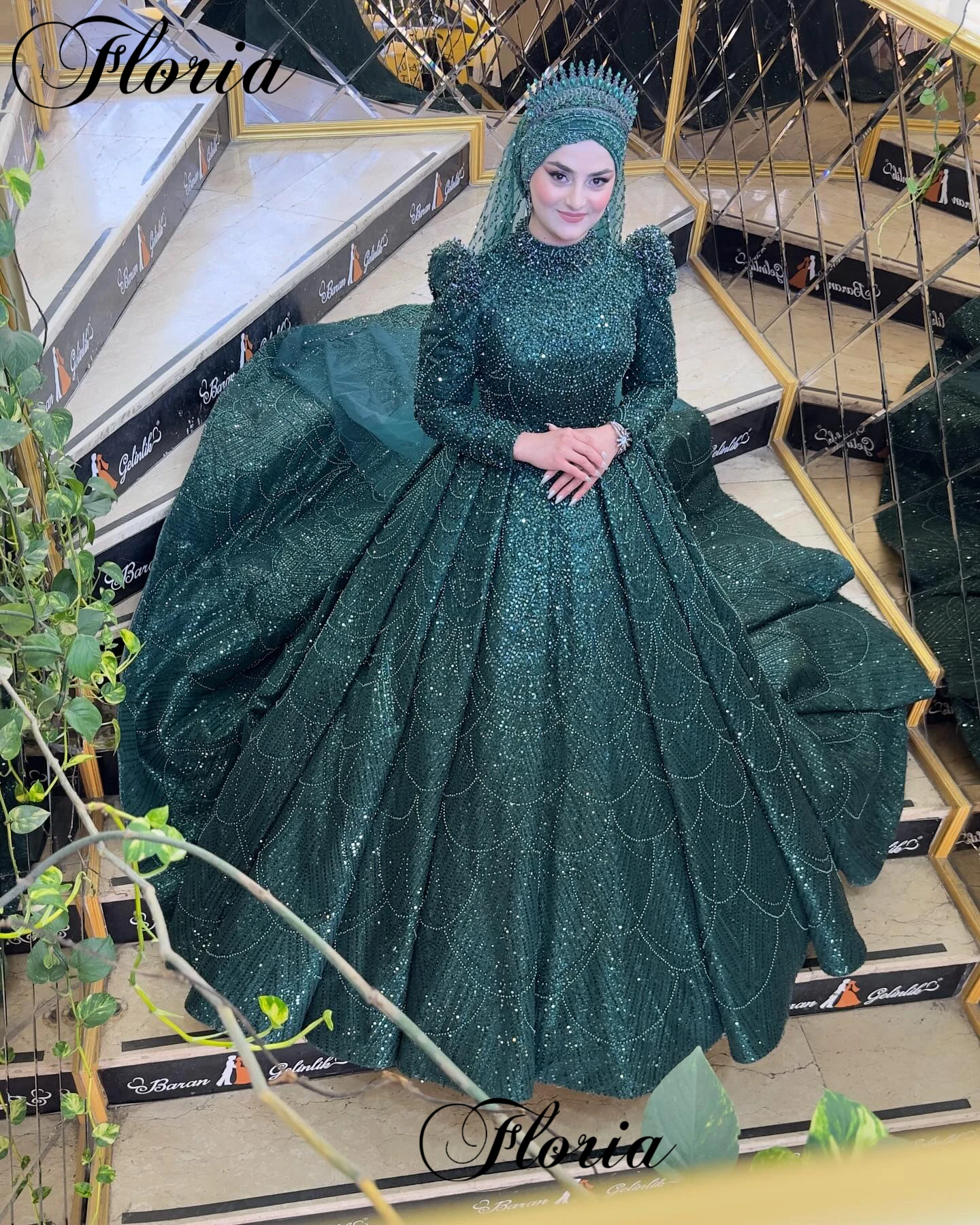 Dark Green Muslim Evening Dresses Beaded Long Sleeves Wedding Party Dresses Formal Occasion Dresses Luxury Robes De Soirée
