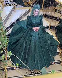 Dark Green Muslim Evening Dresses Beaded Long Sleeves Wedding Party Dresses Formal Occasion Dresses Luxury Robes De Soirée