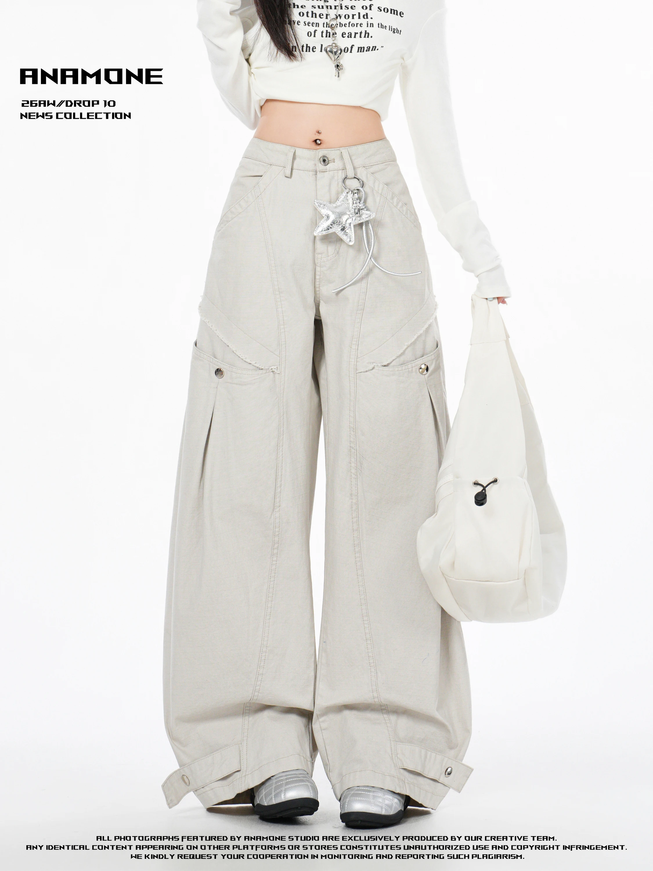 ANAMONE American High Street Multi-Pocket Workwear Wide Leg Jeans Women Autumn Slim High Waist Loose Wide Leg Pants