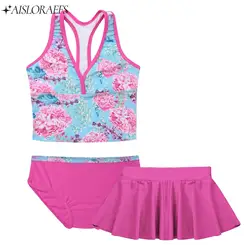 3PCS Toddler Grils Summer Breathable Swimsuit Colorful Print Tanks Vest Top +short with Skirt Bikinis Set Bathing Suit Swimwear