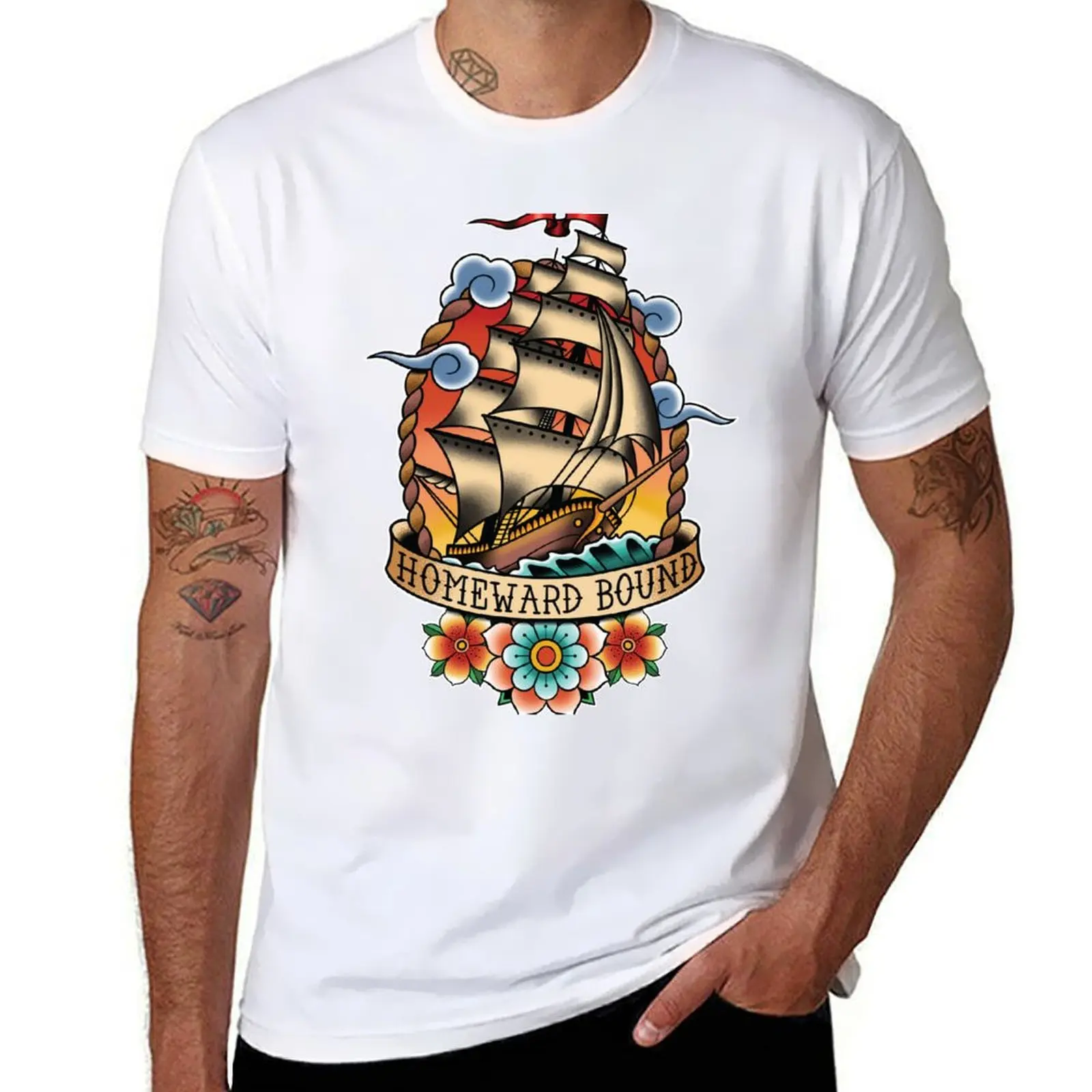 Homeward Bound Traditional Tattoo Sailing Ship T-Shirt man clothes new edition valentines clothes clothing for men