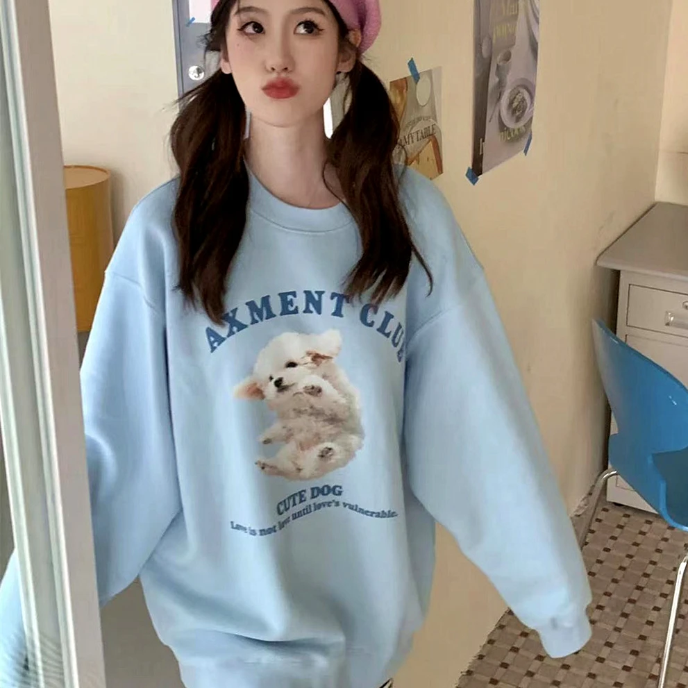 Sky Blue Pure Cotton Oversized Sweatshirt college girls Korean Cute Dog Cartoon Hoodie Casual Long Sleeve Winter Kawaii Clothes