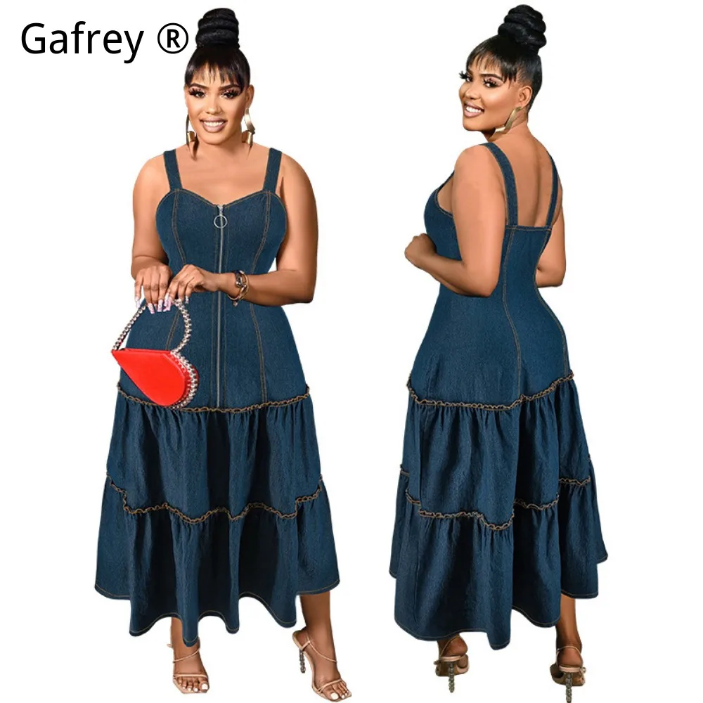 

2XL 3XL 4XL5XL Plus Size Women Sleeveless Collarless Spaghetti Strap Long Denim Dress Casual Fashion Slim Fit Jeans Maxi Dresses