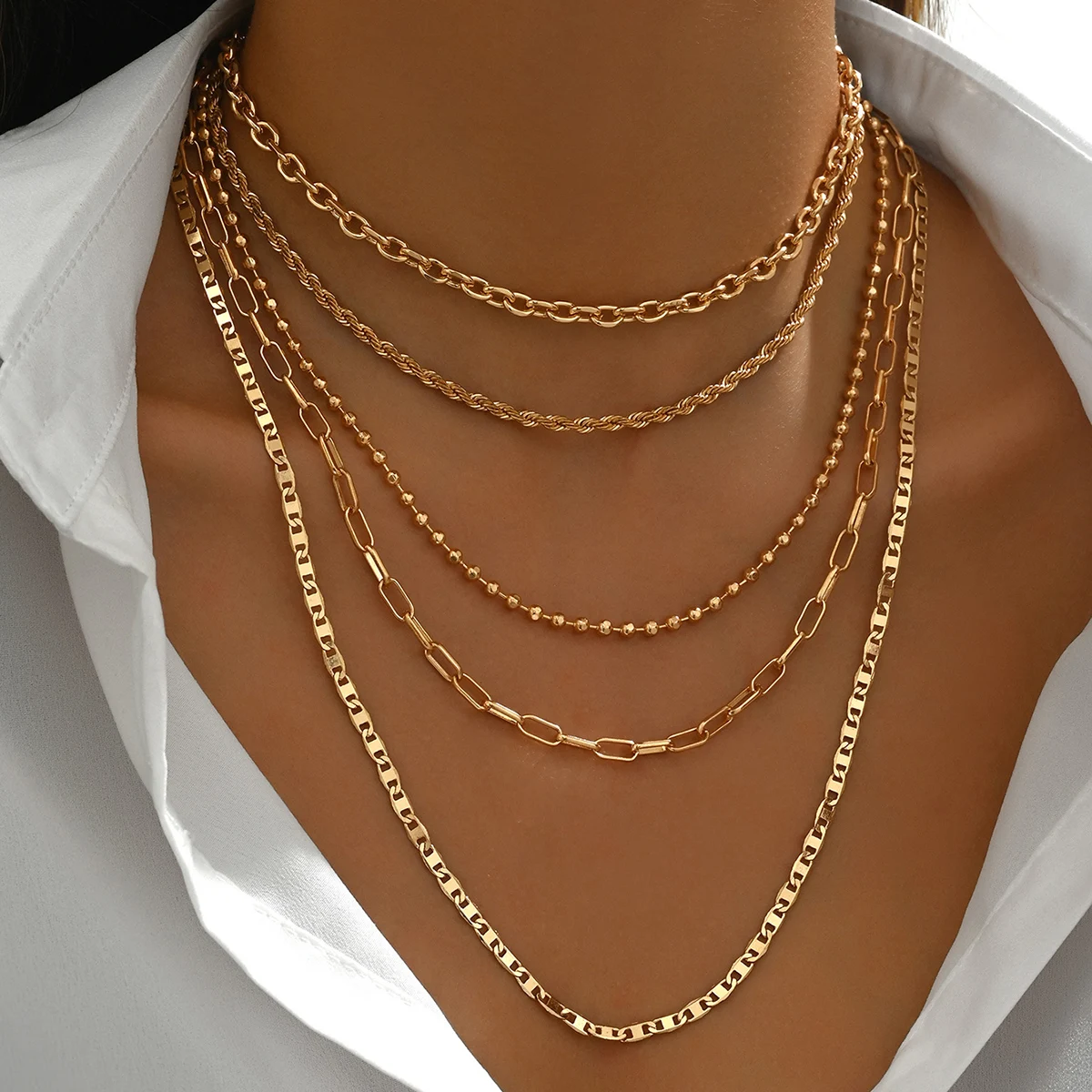 Minimalist 5Pcs Gold Layered Chain Necklaces Paperclip Twist Beaded Thin Link Stackable Daily Casual Women Layering Jewelry