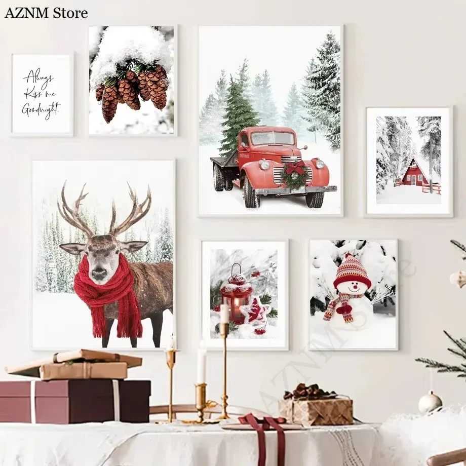Winterliche Schneelandschaft Bild Wandkunst Leinwanddruck Tannenbaum Weihnachtsmann Elch Poster und Druck für Weihnachtsdekoration Wohnzimmer-Design