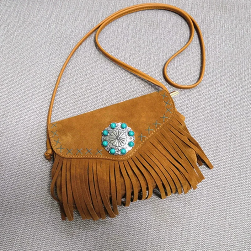 Boho Hippie Gypsy Fringe Bag For Women Vintage Suede Genuine Leather Flower inlaid with beads Crossbody Tassel bags