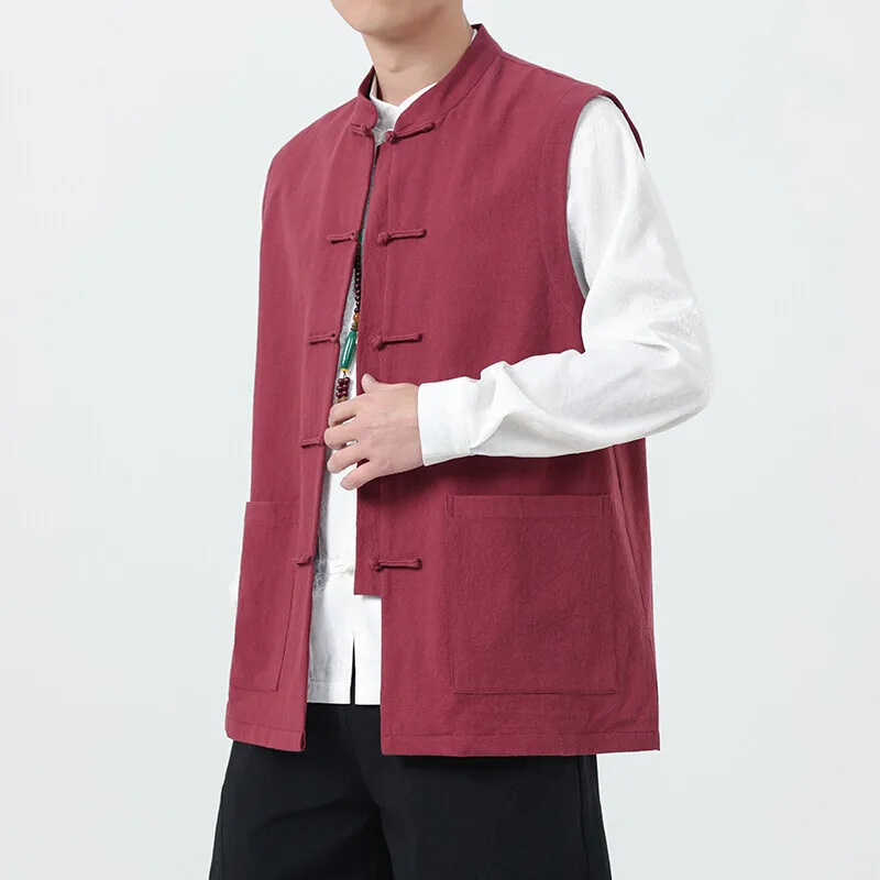 

Retro Chinese Style Cotton Linen Vest Men's New Mandarin Collar Frog Button Male New Tang Hanfu Fashion Zen Costume Plus Size