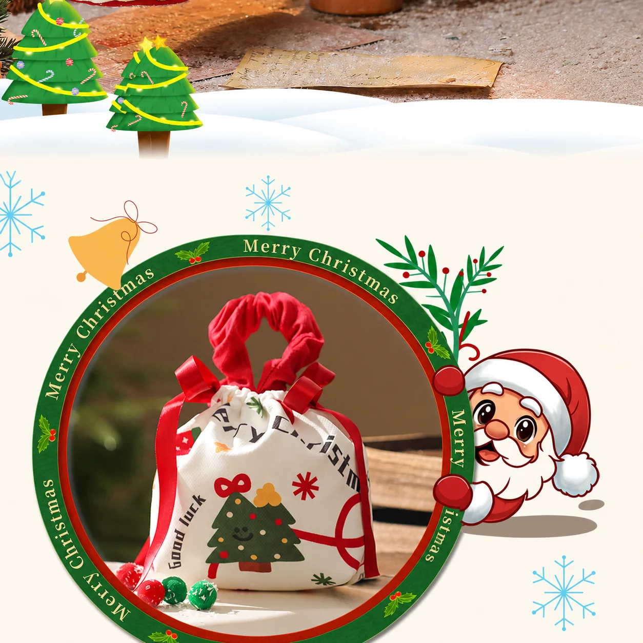 Fabric Christmas Gift Tote Bag Drawstring Portable Holiday Present Bag For Candy Apple 2026  Christmas New Year Gift Packaging