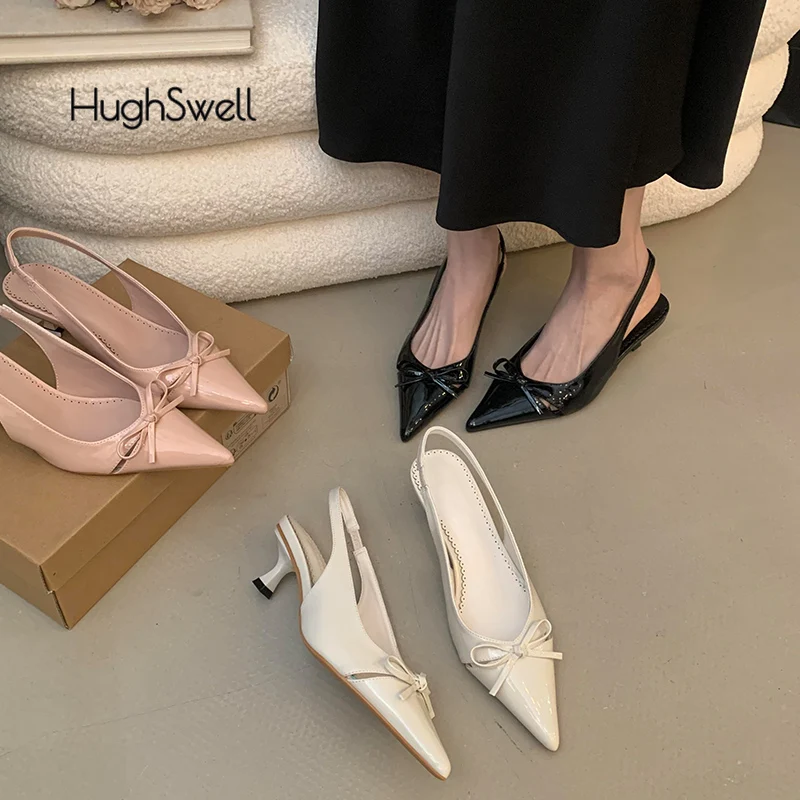 

Nude Pink Cut-out Bowknot Slingback Sandals Woman Patent Leather Point Toe Low Heel Pumps Ladies Bright Color Evening Party Shoe